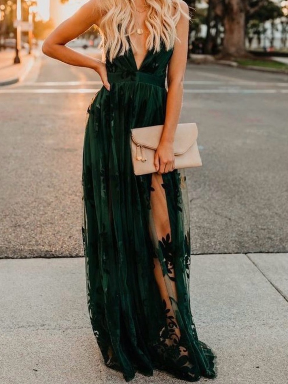 Simons Emerald Green Velvet Flocked Mesh Maxi Dress NWT XS
